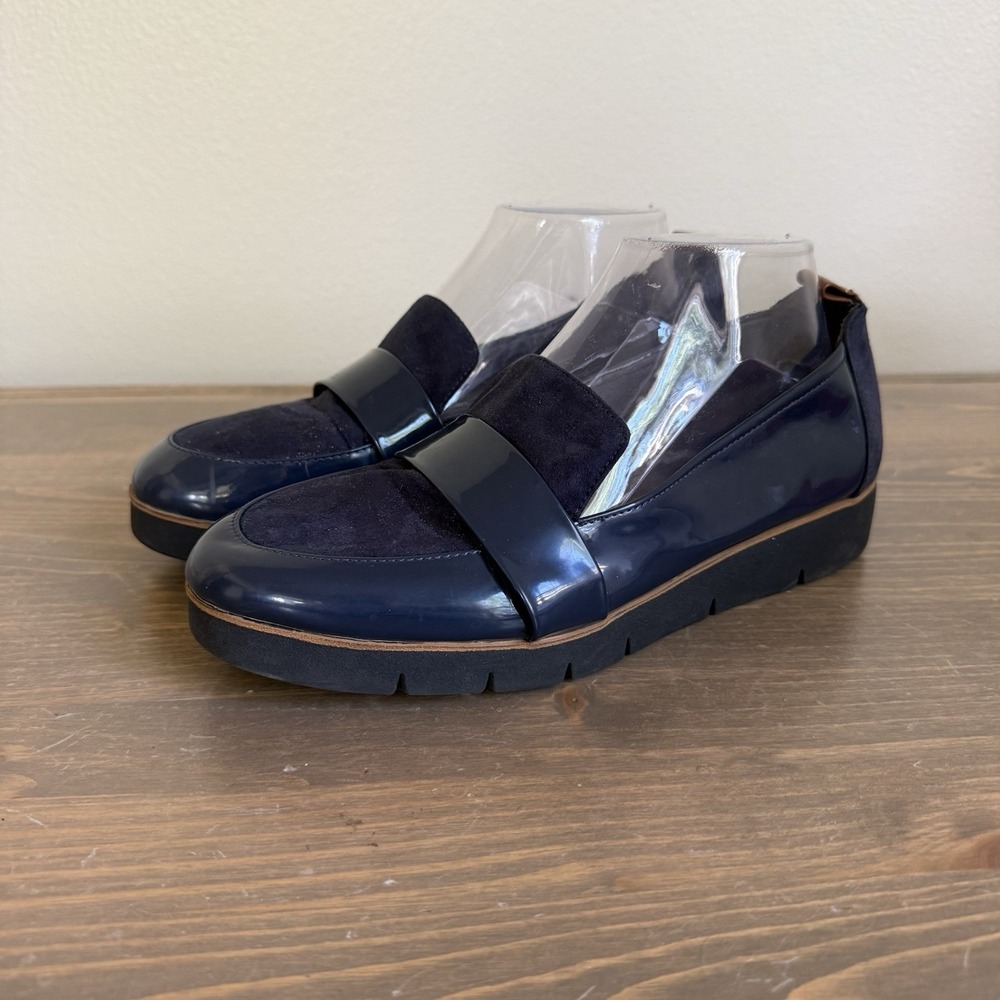 Dr. Scholls Womens 9W Navy Blue Webster Loafers Comfort Shoes Patent Lug Sole